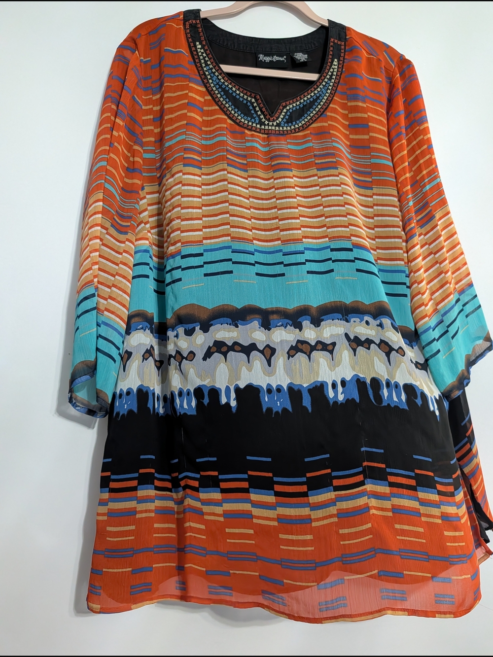 Maggie Barnes Orange & Turquoise Patterned Tunic with Embellished Neckline